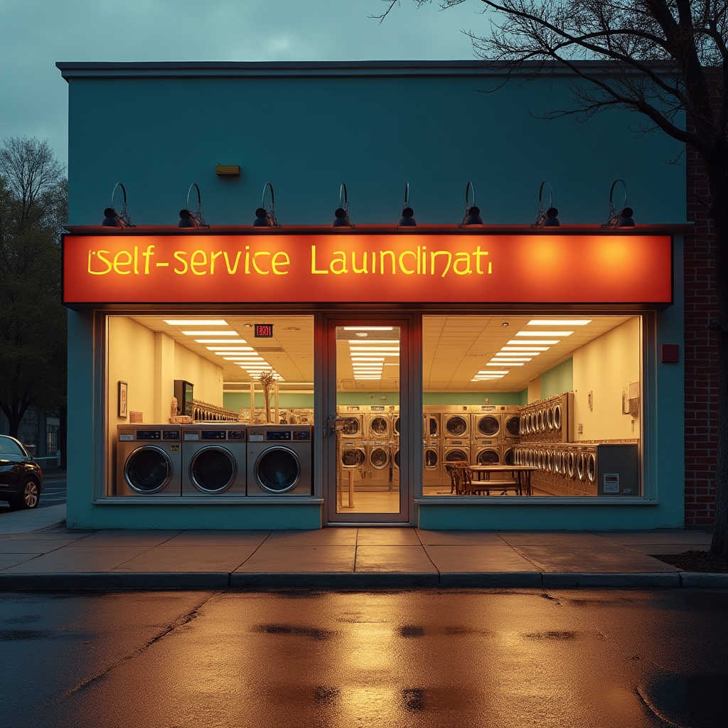 Fachada iluminada de una lavandería autoservicio al atardecer